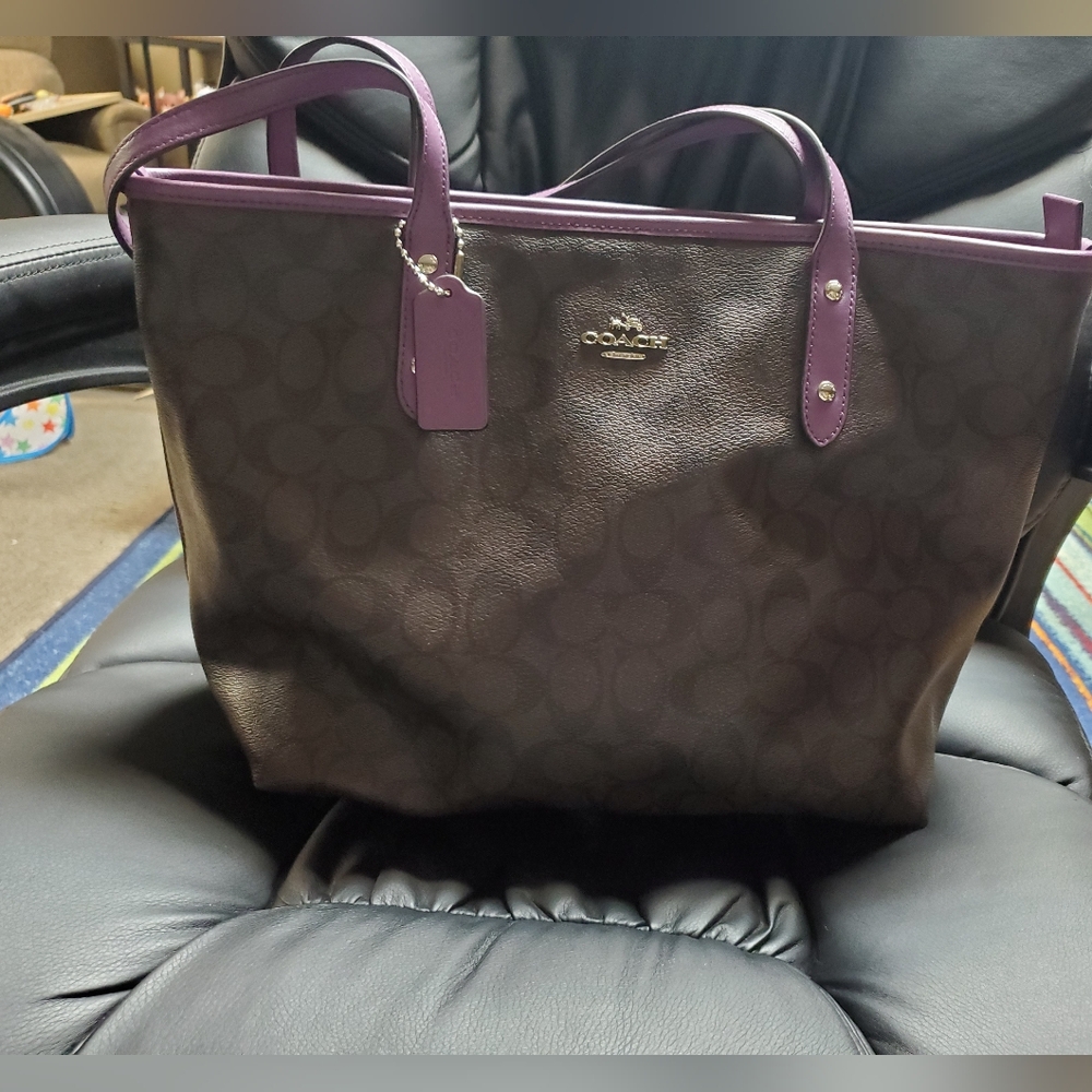 Brown and purple Coach tote